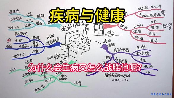 《疾病与健康》 思维导图 在我们的生命历程中,身体会不断受到病菌的攻击。
尽管人体有一定的自我防御功能,
但有时也免不了会生病。
咳嗽、发高烧、出丘疹,或是感觉疼痛,
都是身体试图抵抗感染的征兆,
这时就需要通过吃药、打针的方式
来战胜疾病,恢复身体健康
那么疾病是如何产生的呢
疾病使人身体不适。
引起疾病的原因有很多种,
其中很大一部分是由进入 人体的微生物引起的。
这些微生物很小,我们肉眼是看不见的,
然而它们却可在人体内生存 和繁殖,
从而对身体造成损害,
或者释放出毒素损害身体。
还有一些疾病是人体某一系统功能紊乱引起的。
疾病是如何传播的呢
许多病源性的微生物,如细菌,病毒,
可经过多种途径传播。
患感冒和流感的病人可通过其咳嗽、
打喷嚏或呼气时排出的带病菌的唾液沫传染他人。
引起食物中毒的沙门菌可通过食物和水传播。
一些生病的动物也可将疾病传染给人,如狂犬病
人体是有抵抗疾病的能力的
人体通过各种不同的方法对付病菌。
当皮肤破损后,血凝块能很快将创口封住。
鼻、口、呼吸道和肠腔内的黏液常可阻止细菌通过。
眼泪、汗液和耳垢中的化学物质可将细菌杀死。
胃中的强酸可杀死食物中的大多数细菌。
我们的血液中有一些白细胞可以消灭有害菌。
淋巴细胞产生的抗体可破坏病菌,
吞噬细胞可吞噬病菌。
我们需要如何战胜疾病呢
治疗不同的疾病,有不同的药片和药剂,
有的药需要注射。
得哮喘病的人需要人工呼吸器帮助他们轻松地呼吸。
如果人们遇到意外事故受伤或病重时,
就要去医院看病,疾病严重时还需要进行手术。
医生通过手术治疗身体受损的部位。
大多数患者经过治疗,会很快痊愈
我们需要如何保持健康呢
为了保持身体健康,我们要注意饮食起居,
特别要注重休息和膳食合理。
休息的形式是多种多样的,
除了睡眠、闭目养神、散步外,
参加文体活动也是一种休息方式。
睡眠是所有休息方式中最重要的一种。
膳食方面应注意:
食品中应尽量包含人体所需的各种营养成分;
严格注意饮食卫生,
不吃不洁的食物;避免暴饮暴食、偏食或节食。