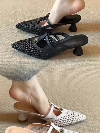 小众气质尖头山茶花包头凉鞋女2025夏季新款法式编织镂空外穿拖鞋#爆款热卖中厂家直发