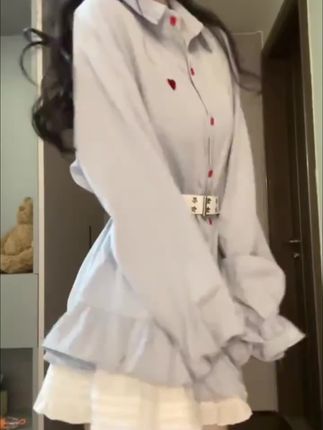 爱心刺绣长袖衬衫女韩系甜美设计感荷叶边减龄上衣+高腰半身裙#半身裙#甜美#设计感#刺绣#衬衫