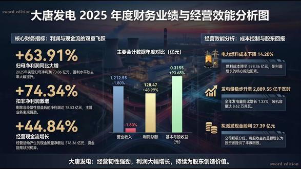 大唐发电(601991)2025年度经营深度分析 七个连续涨停的大唐发电该何去何从,且看财报解析。
在2025年电力行业整体步入高质量转型期的背景下,大唐国际发电股份有限公司(以下简称“大唐发电”)在资本市场的表现引起了广泛关注。随着能源转型政策的深化以及电力市场化改革的加速,大唐发电近期股价的大幅上涨,不仅是市场对其业绩反转的直接反馈,更是对其长期战略价值的重估。#七个连续涨停 #大唐发电 #杨sword #财报干货