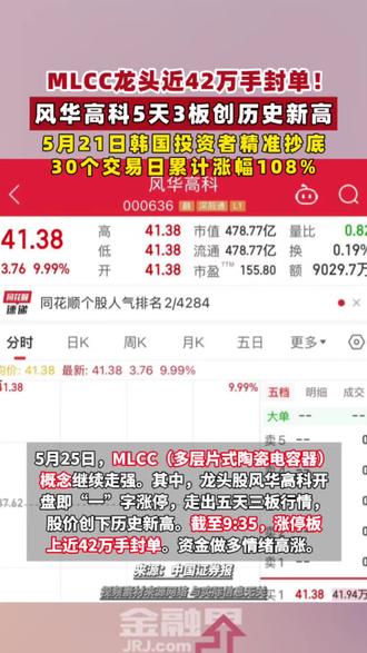 MLCC龙头近42万手封单!风华高科5天3板创历史新高。