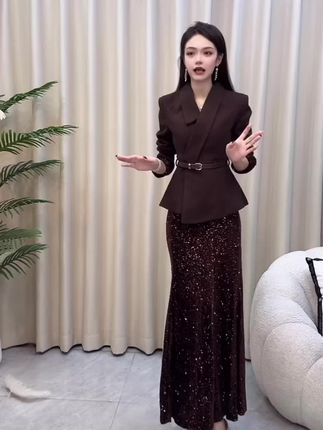 【两件套】【有里布】【送腰带】气质名媛高级感亮片裙子套装女DM0066#时尚穿搭时尚穿搭时尚 #时尚搭配服装 #高级感穿搭 #穿搭分享每一天