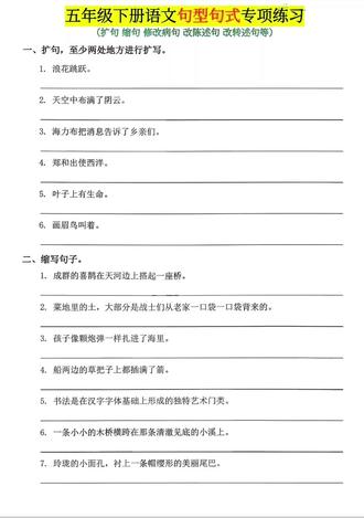 五年级下册语文句型句式专项练习 包含扩句 缩句 修改病句 改陈述句 改转述句等 可打印 有答案