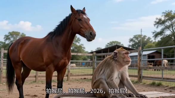 配方:帮我生成一个视频:帮我生成一个视频:一只马,在拍一只猴的屁股,背景是农场,地板是草地。然后马拍着猴子的屁股说拍猴屁,拍猴屁2026拍猴屁猴子转过身子说为什么要拍我的屁股,而且2026不是马年吗?马说昨天你不也拍我的屁股了吗,然后猴子说那咋了,受着呗一要有声音,还要有字幕。模型 2.0,比例 9:16,时长 10s。模型 2.0 Fast,比例 16:9,时长 10s。