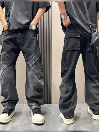 2025秋季新款男士宽松弯刀牛仔裤子美式潮流复古多口袋机能阔腿裤