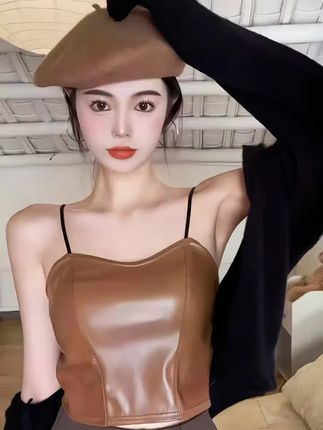皮质女气质内衣时尚修身短款打底衫文胸一体带胸垫一体式美背潮#气质穿搭 #百搭