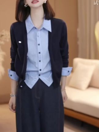 【彦可】风条纹衬衣拼毛织假两件羊毛长袖上衣+休闲裤子BB50338#时尚衬衫#百搭衬衫#洋气衬衫#休闲衬衫#气质衬衫