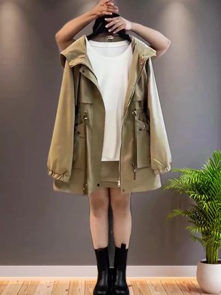 欧货新款时尚百搭重工连帽收腰显瘦洋气风衣外套(不含打底)