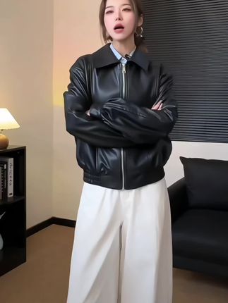 黑色皮衣机车服复古港风2025新秋春款夹克机车服显瘦百搭长款外套#气质 #简约 #通勤 #休闲 #百搭 @抖加🔥上热门🔥dou+🔥热点宝 @DOU+上热门 @我要上热门