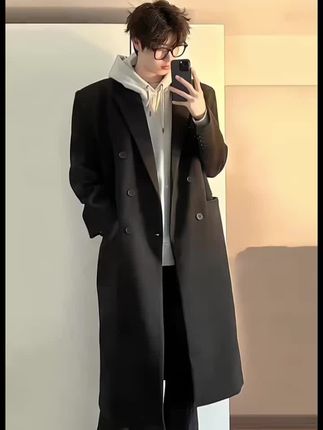 黑色垫肩大衣男中长款英伦雅痞男装cleanfit美式西装领风衣外套