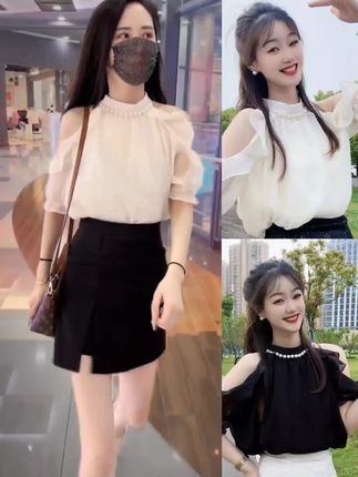 法式优雅风露肩珍珠挂脖雪纺短袖衬衫女夏季新款时尚气质百搭上衣#时尚洋气潮流女装