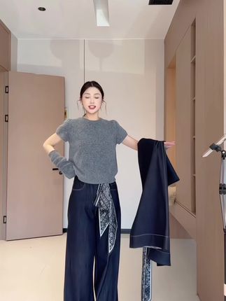 水洗牛仔裤高腰秋冬宽松复古阔腿裤美式休闲百搭网红拖地裤子女潮#辣妹穿搭 #高级感穿搭 #今日穿搭 #穿搭女装 #女生黑连衣裙