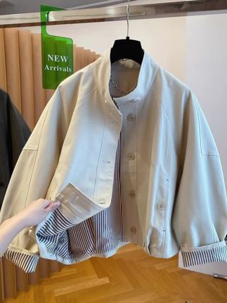 欧货英伦风立领夹克外套女2025新款宽松休闲内里条纹短款风衣上衣#风衣 @DOU+小助手