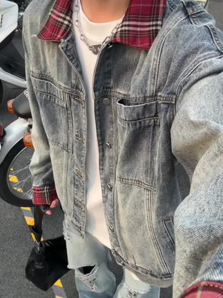 拼接格纹短款牛仔夹克男秋季cleanfit翻领设计感美式复古水洗外套#今日穿搭 #出街穿搭 #拍照姿势 #男友穿搭 #小众穿搭