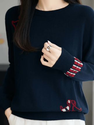 哥弟阿玛施正品时尚圆领拼色小狗刺绣微宽松长袖气质休闲针织衫女 #爆款热卖中 #时尚休闲针织#质量可靠