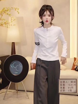 纽扣三条杠柔软棉T恤女春秋新款高贵显瘦百搭休闲长袖上衣潮#夏季穿搭 #高级感穿搭 #时装穿搭 #衬衫穿搭 #上衣穿搭