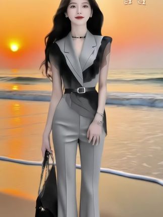 时尚新款灰色无袖V领修身收腰上衣+灰色百搭显瘦长裤女高级两件套#两件套#高级感穿搭 #好身材好气质 #优雅气质 #夏季干净风穿搭