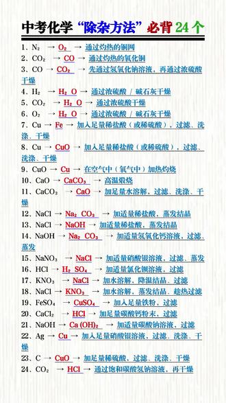 中考化学“除杂方法”必背24个,贴合中考考点系统整理,精简易背诵,考前专项复习提分超实用!#中考倒计时 #中考化学 #知识点总结 #2026中考 #必考考点
