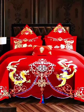 全棉纯棉结婚婚庆四件套喜庆大红刺绣绣花家纺被套床上用品婚房#高端大气 #刺绣工艺 #面料柔软舒适 #婚房布置 #婚庆用品