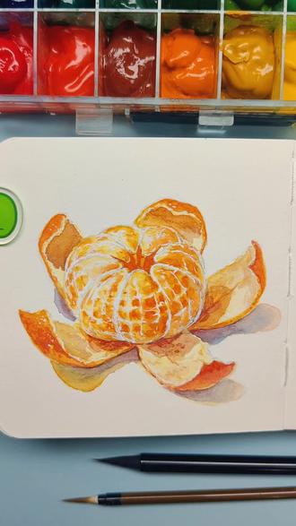水彩剥橘子 把生活画成甜的🍊#跟着抖音学画画 #原创手绘 #绘画过程 #水彩 #橘子