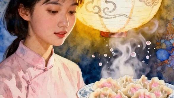 水彩在宣纸上晕开——那饺子里的年轮 此刻画中的少女正用筷子夹起月牙形的饺子,蒸汽氤氲了她的眉眼,像笼着薄雾的池塘。#随时随地标记一下 #交换世界计划 #在拍一种很新的vlog #文脉里的中国 #文脉里的中国