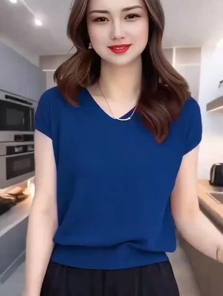 冰丝V领休闲夏装蓝色T恤针织衫短袖薄款纯色百搭上衣宽松遮肉小衫#大脑透明隔增宽的意思 #生理性反感 #男性阳了多久可以备孕 #腹腔镜微创