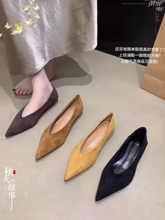 2025秋新品韩系绒面尖头粗跟气质小单鞋女百搭一脚蹬浅口女鞋 #气质单鞋#秋季新品 #一脚蹬