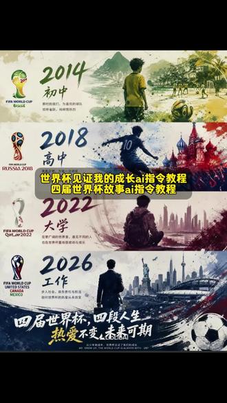 四届世界杯 四段人生…… 四届世界杯 , 四段人生,热爱不变,未来可期!世界杯见证我的成长ai指令 世界杯见证我的成长ai指令教程 美加墨世界杯 #美加墨世界杯 #一起期待2026世界杯#小云雀AI #小云雀AI一键图片设计#抖音玩法合伙人计划