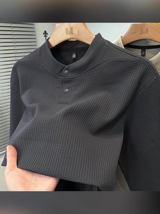 男士卫衣亨利领长袖秋季圆领休闲商务风玉米格工艺打底衫运动上衣#卫衣男 #长袖男 #长袖t恤 #打底衫男 #卫衣穿搭