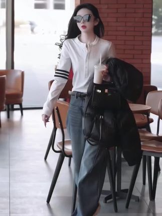 韩版设计感纽扣三条杠棉T恤女春秋新款高贵显瘦百搭休闲长袖上衣#T恤 #百搭T恤 #长袖T恤 #显瘦T恤 #休闲长袖上衣