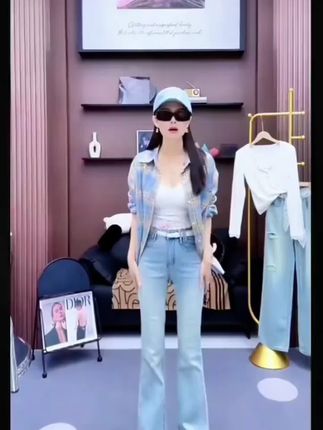 1230牛仔微喇叭裤子女夏季薄款高腰显瘦设计师时尚休闲弹力水洗蓝