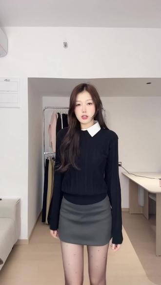 美式复古学院风假两件绞花黑色毛衣女秋冬季高级感正肩针织衫上衣 #高个子 #辣妹 #显瘦遮肉 #百搭打底衫 #梨形小个子