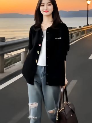 黑色翻领刺绣卫衣衬衫女士2025秋季新款宽松显瘦休闲百搭外套上衣#高级感穿搭 #时尚穿搭 #显瘦穿搭 #休闲减龄穿搭#早秋穿搭