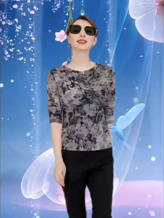 2025年秋季新款高档印花网纱小衫洋气长袖百搭修身显瘦时尚气质@DOU+上热门 #优雅气质 #女装穿搭 #谁穿谁好看 #女装 #强烈推荐