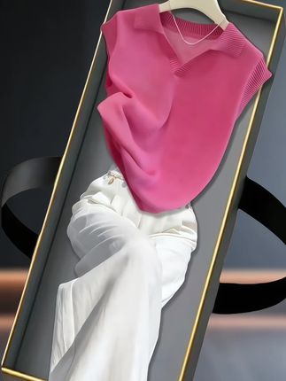 时尚休闲翻领飞飞袖针织短袖t恤 夏季新款显瘦减龄百搭无袖上衣#针织短袖#面料柔软舒适#洋气减龄#遮肉显瘦#气质穿搭