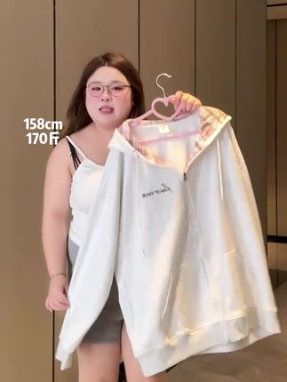 CKKOR秋冬美式格子慵懒风拉链外套女遮屁股卫衣加厚连帽衫上衣女#秋冬新款#慵懒风#遮屁股#加厚连帽卫衣#百搭