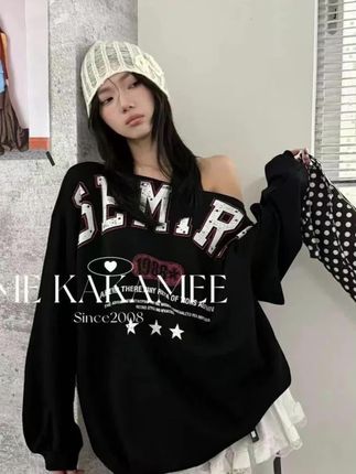 美式复古字母长袖卫衣女2025早秋新品斜肩大版宽松显瘦卫衣上衣潮