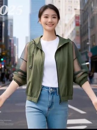 连帽轻薄网纱里布短外套女2025春季新款韩版百搭夹克宽松休闲上衣#时尚穿搭时尚穿搭时尚 #童鞋鞋底的钩法教程 #拍照技巧 #连衣裙子礼服