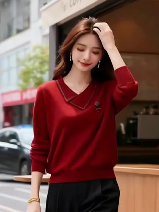 #针织打底衫#别致洋气春秋大码女装针织衫#宽松遮肚子显瘦秋冬时尚翻领打底毛衣