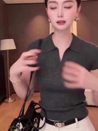 坑条灰色翻领针织短袖t恤女2025春秋新款高级感气质百搭短款上衣#百搭上衣 #uot抖音小助手