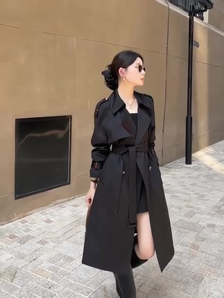 黑色经典风衣外套女中长款秋季新款英伦风到高级感气质大衣#风衣 #风衣外套中长款 #风衣穿搭