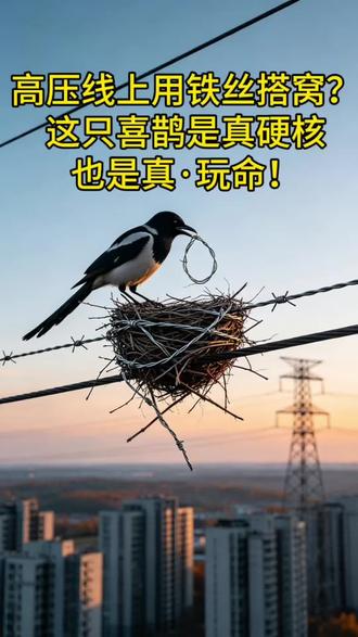高压线上用铁丝搭窝?这只喜鹊是真硬核,也是真玩命 #涨知识 #科普 #神奇动物 #硬核 #鸟