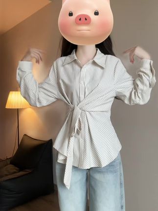 条纹绑带收腰上衣#大码女装#遮肉显瘦#收腰上衣