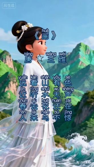 每天一分钟,轻松背古诗,《画》唐,王维,#水漾青峰云影深#山浮翠霭画屏新,#幼儿启蒙#语文#小学必背古诗