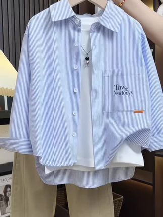 儿童衬衫韩版新款薄外套男女童春秋款休闲条纹上衣秋季薄款开衫潮#衬衫穿搭 #衬衫 #儿童衬衫 #儿童休闲衬衫 #儿童休闲外套