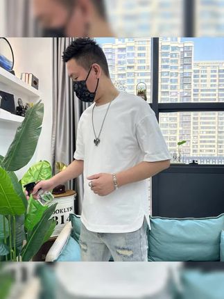 男士ins夏季新款纯色纯棉下摆开叉休闲时尚短袖t恤宽松圆领半袖#短袖t恤