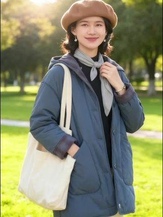 雾霾蓝+红格子两面穿长款两面穿棉袄秋冬防风女士保暖棉衣25936