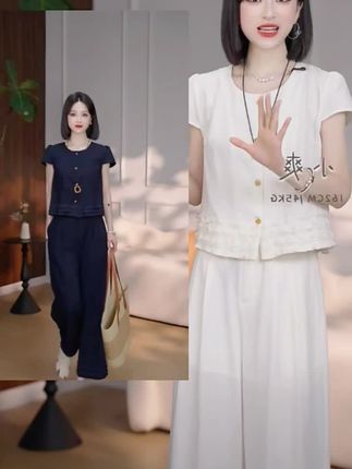 新款小众设计感花边短袖小衫+松紧腰阔腿直筒裤两件套 #谁穿谁漂亮 #新款套装 #谁穿谁好看