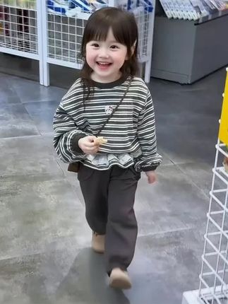 女童秋季新款条纹卫衣套装洋气女宝宝卡通蕾丝边上衣休闲裤两件套#童装搭配 #新品上新 #女童穿搭