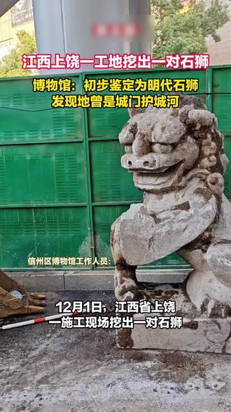 江西上饶一工地挖出一对石狮 博物馆:初步鉴定为明代石狮 发现地曾是城门护城河(来源:新京报)